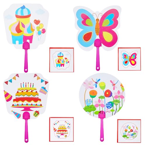 GORGECRAFT 16 Stück 4 Stile Handfächer Aus Papier Schmetterlings Blumen Kuchen Schloss Muster Eine Seite Blanko Handfächer Mit Kunststoffgriff Für Kirche Hochzeit Partys Klassenzimmer DIY Malfächer von GORGECRAFT