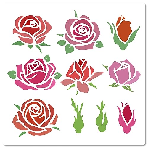 GORGECRAFT 18x18 cm Rose Blumen Schablone Blumen Blätter Vorlagen Rosette Blumenknospen Blüte Rosenmuster Wiederverwendbare Quadratische Kunststoffschablonen Schild Zum Malen Leinwand Scrapbooking von GORGECRAFT