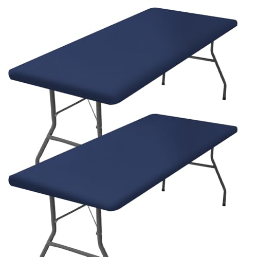 GORGECRAFT 2 Packung Elastische Picknick Tischdecke wasserdichte Rechteckige Tischdecke Passend Für 4 Fuß Klapptischdecken Waschbarer Polyester Spannstoff Für Drinnen Und Draußen Camping (Marineblau) von GORGECRAFT