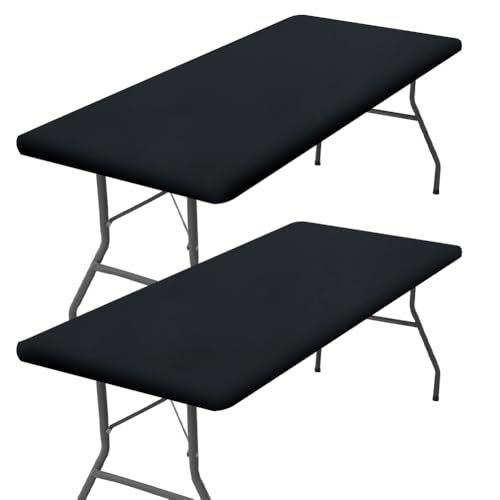 GORGECRAFT 2 Packung Rechteckige Tischdecke Wasserdicht Elastisch Picknick Tischdecke Passend Für 4 Fuß Große Klapptische Waschbarer Polyester Spannstoff Für Drinnen Und Draußen Camping (Schwarz) von GORGECRAFT