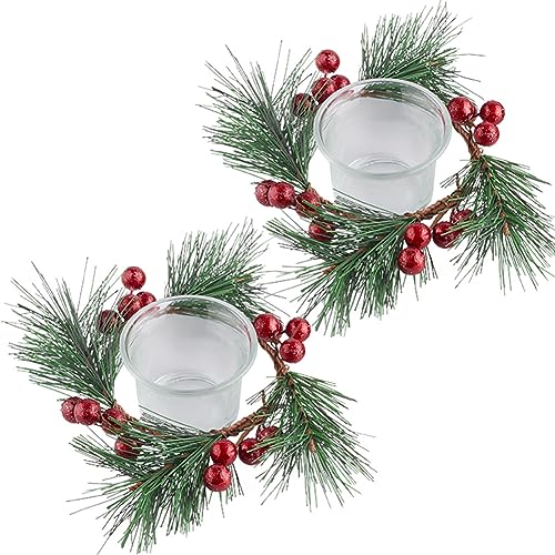 GORGECRAFT 2 Set 15cm Weihnachtskranz-Kerzenhalter Künstliche Rote Beeren-Kiefernadeln Weihnachts-Teelicht-Kerzenhalter Mit Glas-Mittelstück Tassen Grünen Girlanden Ring Für Party Tischdekoration von GORGECRAFT