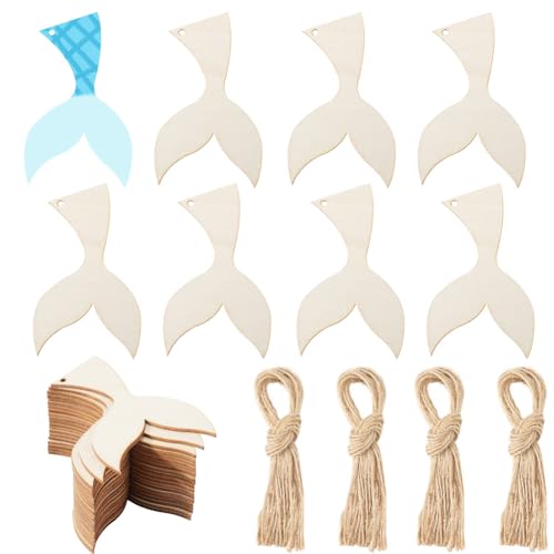 GORGECRAFT 20 Stück Meerjungfrauenschwanz Förmige Blanke Holzausschnitte 10x6cm Unfertige Holzscheiben Mit Loch Holzanhänger Mit 20 Stück Hanfseilen Hängende Ornamente Für Heimwerker Basteln Strand N von GORGECRAFT
