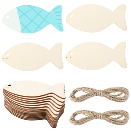 GORGECRAFT 20 Stück Unlackierter Holzfisch 9.9x4.6cm Blanke Holzausschnitte Scheiben Mit Loch Fischförmige Geschenkanhänger Aus Holz Mit 2 Stück 2 m Langen Hanfseilen Für Sommer Strand Nautische Weih von GORGECRAFT