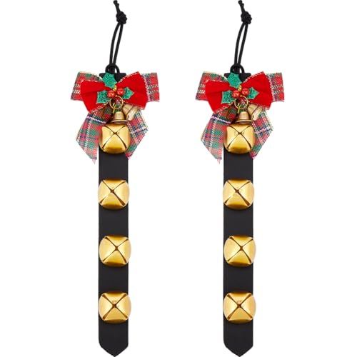 GORGECRAFT 2Stk Weihnachtsglocken Zum Aufhängen An Der Türklinke 31cm Schwarzer Riemen Aus PU Leder 4 goldene Schlittenglocken Willkommens Türhänger Ladenbesitzer Sicherheitsglocken Dekoration von GORGECRAFT