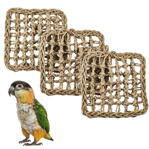 GORGECRAFT 3 Stück Gras Vogelmatte Für Papageien Sittiche Natürliches Seegras Gewebtes Netz Kletterseil Leiter Hängematten Käfigzubehör Für Unzertrennliche Conure Wellensittiche Nymphensittiche Tauben von GORGECRAFT