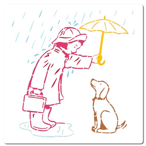 GORGECRAFT 30x30cm Große Banksy-Schablone Regentag-Schablone Frau Und Hund Unter Regenschirm-Muster Wiederverwendbar Zum Zeichnen Basteln Schablone Zum Malen Auf Holz Wand Möbeln Leinwand Heim-DIY von GORGECRAFT