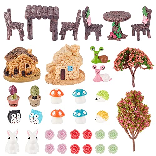 GORGECRAFT 32St Miniatur-Set Mit Tieren Feengarten-Zubehör Mini-Ornament Outdoor-Statue Mikro-Landschaftsdekoration Einschließlich Tisch Stuhl Haus Schnecke Igel Blume Pilz Eule Kaninchen Baum Bonsai von GORGECRAFT