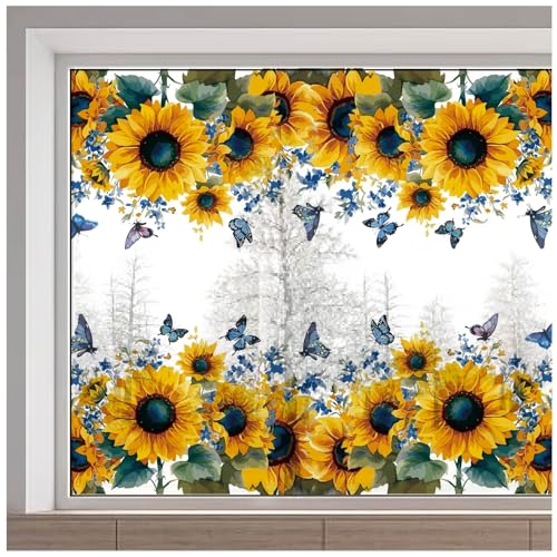 GORGECRAFT 38x116cm Große Sonnenblumen Fensteraufkleber Wiederverwendbar Sommer Herbst Blau Gelbe Blumen Schmetterlinge Statische Glasfenster Aufkleber Zur Verhinderung von Vogelschlägen von GORGECRAFT