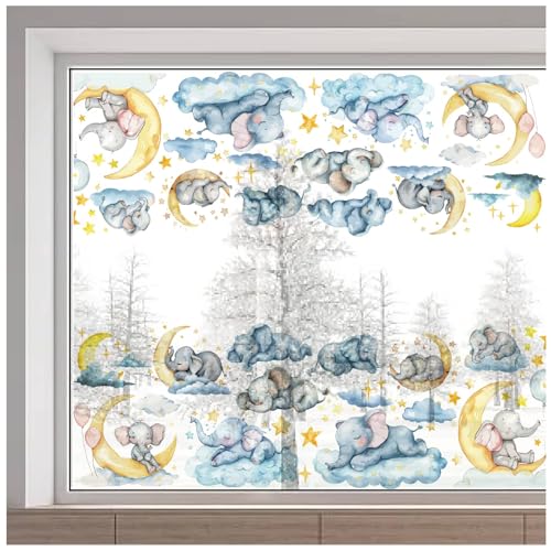GORGECRAFT 38x116cm Großer Fensteraufkleber Mit Schlafendem Elefantenmotiv Mond Stern Wolke Ballon Tier Glasaufkleber Statisch Entfernbar Antikollisions Fensterfolie Dekoration Zum Schutz Vor Vogelsch von GORGECRAFT