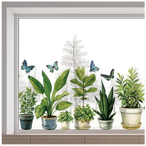 GORGECRAFT 38x116cm Grüner Fensteraufkleber Mit Topfpflanzen Großer Frühlingsschmetterling Botanische Bonsai Pflanze Entfernbarer Statischer Glasfensteraufkleber Kollisionssichere Haftdekoration von GORGECRAFT