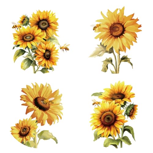 GORGECRAFT 4 Stil 16cm Sonnenblumen Fensteraufkleber Rund Wiederverwendbar Sommer Herbst Gelbe Blumen Bienen Statische Glasfenster Aufkleber Folie Zum Schutz Vor Vogelschlägen Für Glasschiebetüren Im von GORGECRAFT