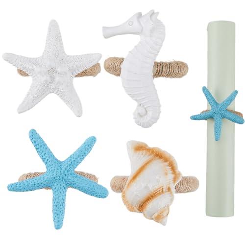 GORGECRAFT 4 Stück 4 Stile See Serviettenringe Weiß Blau Kunstharz Jute Urlaub Ozean Strand Seestern Muschel Seepferdchen Tischdekoration Serviettenring Für Ostern Bankett Feier Hochzeit Party Abendes von GORGECRAFT