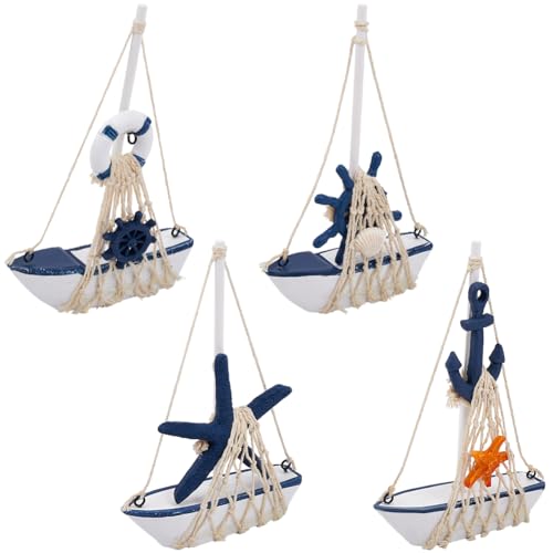 GORGECRAFT 4 Stück Mini Segelboot Modell Dekoration Hölzernes Miniatur Segelboot Heimdekor Set Strand Nautischem Design Marineblau Und Weiß Desktop Ozean Landschaftsornament Für Badezimmer Und Schlafz von GORGECRAFT