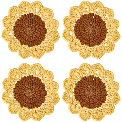 GORGECRAFT 4 Stück Sonnenblumen Untersetzer Handgefertigt Gehäkelt 12cm Frühlings Und Sommer Gelbe Blumen Getränkeuntersetzer Rustikale Florale Tassenmatte Für Getränke Couchtisch Schreibtisch Tassen von GORGECRAFT