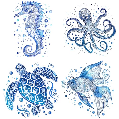 GORGECRAFT 4Stk 16cm Fensteraufkleber Mit Meerestieren Kunststoff PVC Sommer/Ozean Motive Schildkröten Fische Seepferdchen Tintenfisch Doppelseitig Für Zuhause Fenster Türen Dekoration Unter Dem Meer von GORGECRAFT