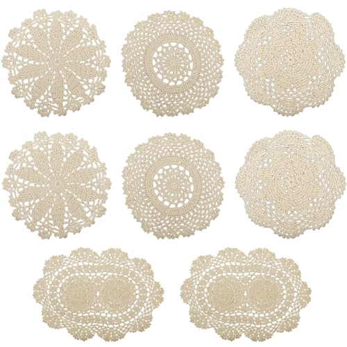 GORGECRAFT 8Stk 4 Stile Baumwoll-Spitzendeckchen Gehäkelt Oval Rund Handgefertigt Blumentisch-Tischsets Vintage Kleine Gehäkelte Untersetzer Platzsets Hochzeit Tischdekoration Esszimmer Tasse Beige von GORGECRAFT