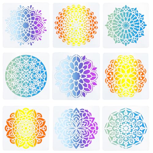 GORGECRAFT 9 Stile Chakra-Symbol-Schablone Mandala-Blumen-Schablonen Wiederverwendbare Yoga-Meditation Blumen-Bastelvorlage Zum Malen Auf Holz Möbeln Dekoration Boden Wandfliesen Stoff 4x4 von GORGECRAFT