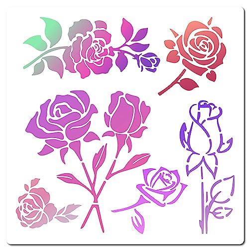 GORGECRAFT Große Rosenblüten-Schablonen 30 x 30 cm Rosen-Vorlagen Wiederverwendbar Schild Quadratische Schablonen Zum Malen Auf Holz Wand Scrapbooking Karten Boden Heimwerken Basteln von GORGECRAFT