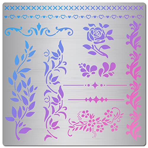 GORGECRAFT Metallrebenschablone 16x16 cm Blätter Rebe Rose Blume Randstreifen Muster Schablonen Wiederverwendbar Edelstahl-Malvorlage Für Holzschnitzerei Brandmalerei Gravur Dekoration Basteln von GORGECRAFT