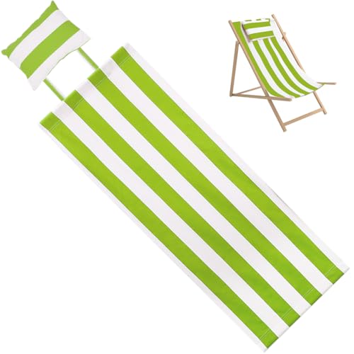 GORGECRAFT Strand Sling Stuhl Aus Segeltuch Mit Kissen 113x43cm Olivgrün Weiß Gestreift Ersatz Liegestühle Segeltuchstoff Outdoor Klapp Loungesessel Für Terrasse Outdoor Sonnenbaden Garten Innenhof von GORGECRAFT
