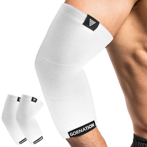GORNATION Ellenbogenbandagen - Elastische Bandagen für Herren & Damen - Elbow Sleeves für Calisthenics, Bodybuilding, Fitness - 1 Paar, Weiß, M GORNATION Ellenbogenbandagen - Elastische Bandagen für Herren & Damen - Elbow Sleeves für Calisthenics, Bodybuilding, Fitness - 1 Paar, Weiß, M von GORNATION
