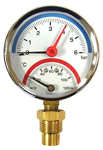 GOSHE Thermomanometer Radial 80mm 6 bar 0-120°C 1/2 Zoll Manometer Thermometer Zeigerthermometer Druckluftmanometer Heizungsthermometer Druckmanometer von GOSHE