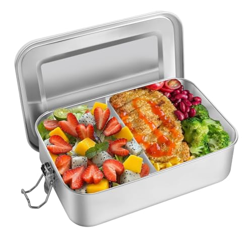 GOSHIES Brotdose Edelstahl 1400ml mit Abtrennung und Dichtring Lunchbox mit Fächern und Dichtring, Bento Box edelstahl Lunchbox Edelstahl mit Fächern von GOSHIES