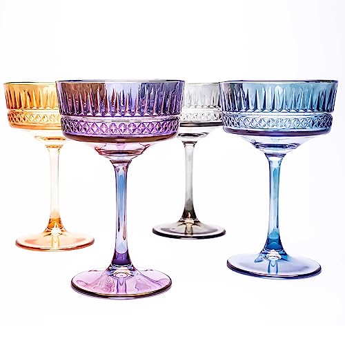 Farbige Vintage Coupe Gläser 4 Stück, Rotweingläser und Weißweingläser, Champagner, Cocktail, Martini, Weingläser, Gin und Prosecco Glas, Glaswaren mit langem Stiel, Sektschalen, (260 ml/8.8 oz) von GOSOYO