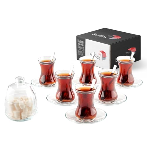 19 Teiliges Traditionelles Türkisches Teeservice Inklusive; 6 Gläser Teetassen (135 ml/4,5 oz), 6 Untertassen, 6 Edelstahllöffel und Zuckerdose mit Glasdeckel (255 ml/8,6 oz) von GOSOYO