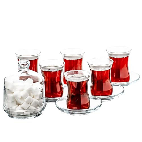 Traditionelles 13 Teiliges Türkisches Teeset mit Muster, enthält: 6 Teegläser (115 ml/4 oz), 6 Untertassen und eine Zuckerdose mit Glasdeckel (260 ml/8,7 oz) von GOSOYO
