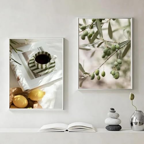 GOSRD Sonnenschein Olivenbaumzweige Blätter Architektur Kaffee Zitrone Poster Drucke Leinwandgemälde Nordische Wandkunst Raumdekoration 40x50cm-2Stk Rahmenlos von GOSRD