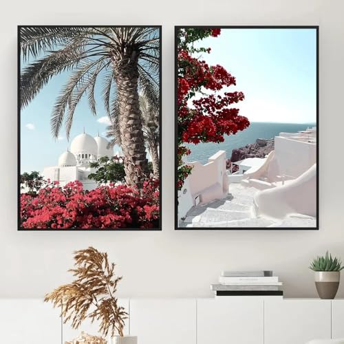 Leinwandbild, Griechenland, Palmenblüte, Meer, Haus, Poster, minimalistische Wandkunst für Wohnzimmer, Heimdekoration (70 x 100 cm, 2 Stück) von GOSRD