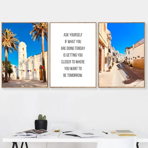 Leinwanddruck, Gemälde, blauer Himmel, Stadtstraßenanzeige, Kokosnussbaum, Poster, minimalistische Wandkunst für Wohnzimmer, Heimdekoration (60 x 85 cm, 3 Stück) von GOSRD