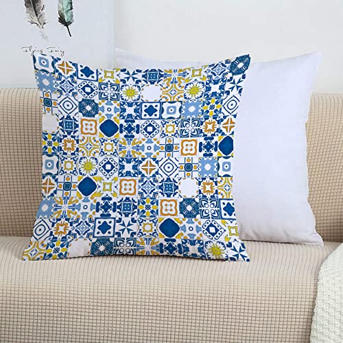 2er-Set Dekorativ Kissenbezug 45x45 cm,Gelb und Blau, Mosaik Portugiesischer Azulejo Mediterraner,Polyester Kissenbezüge Dekokissen Kissenhülle Set Kissen Fall für Sofa Auto Schlafzimmer Zuhause Dekor von GOSUNA