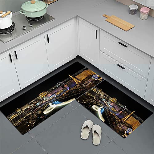 GOSUNA 2stk Küchenteppich Waschbar rutschfest Küchenmatte,Nachtlandschaft von Las Vegas, Küchenläufer Fußmatte Teppich Läufer Badematten 45x70 cm+45x120 cm von GOSUNA