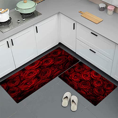 GOSUNA 2stk Küchenteppich Waschbar rutschfest Küchenmatte,Schöne rote Rosen mit Wassertropfen, Küchenläufer Fußmatte Teppich Läufer Badematten 45x70 cm+45x120 cm von GOSUNA