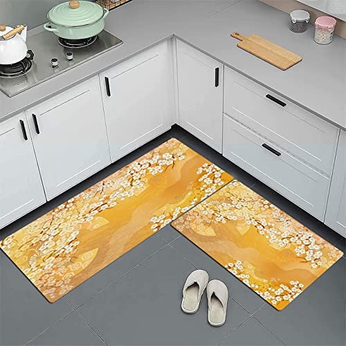 GOSUNA 2stk Küchenteppich Waschbar rutschfest Küchenmatte,Schöner Kimono mit Illustrationen von Japan, Küchenläufer Fußmatte Teppich Läufer Badematten 45x70 cm+45x120 cm von GOSUNA