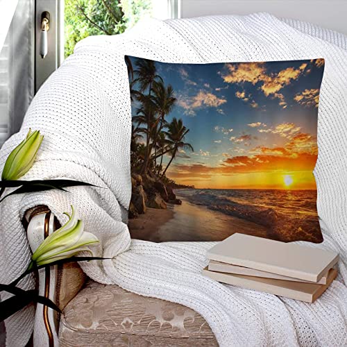 Kissenbezug 45x45 cm,Tropischer Sonnenuntergang über dem Ozean mit tropischem Palmen-Dämmerungs-S, Kissenbezug Dekorative Quadrat Sofa Kissenbezug für Home Decor Favor, mit unsichtbarem Reißverschluss von GOSUNA