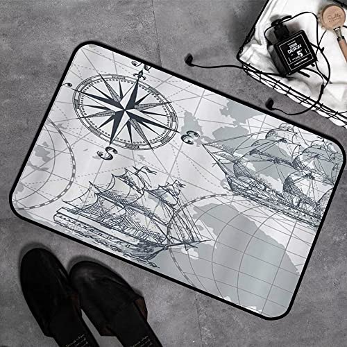 Memory Foam Badezimmer- 40 x 60 cm,Seesegelboot Karte Graues Boot Skizze Schiffsrad Kompass Anker,Badteppich Saugfähige Rutschfester Badvorleger Waschbar Badematte von GOSUNA
