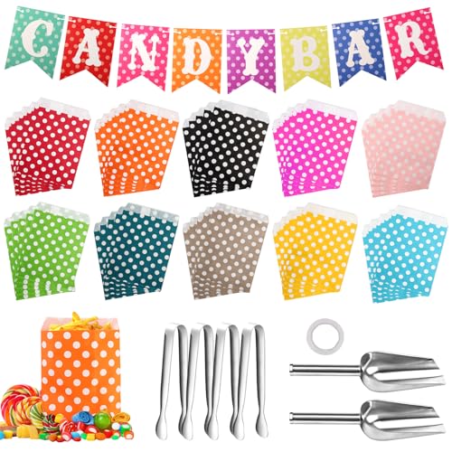 107stück Candy Bar Zubehör,Enthält 100 Candy Bar Tüten Und 4 Zuckerzangen Mit Runder Spitze, 2 Candybar Schaufel Sowie 1 Farbe Candy Bar Deko Girlande, Geeignet Für Partys(Farbe) von GOTDYBST