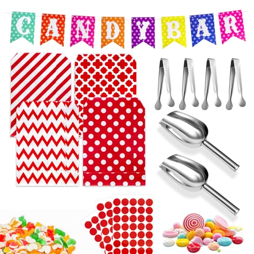 110 Stück Candy Bar Zubehör,Enthält 100 Candy Bar Tüten und 4 Zuckerzangen mit Runder Spitze, 2 Candybar Schaufel und 3 Aufkleberbögen Sowie 1 Farbe Candy Bar Deko Girlande, Geeignet für Partys(Rot) von GOTDYBST