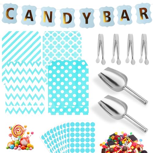 110stück Candy Bar Zubehör,Enthält 100 Candy Bar Tüten Und 4 Zuckerzangen Mit Runder Spitze, 2 Candybar Schaufel Und 3 Aufkleberbögen Sowie 1 Blauen Candy Bar Deko Girlande, Geeignet Für Partys (Blau) von GOTDYBST