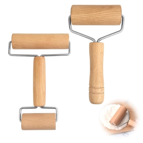 Nudelholz Teigroller, 2 Stück Teigroller Klein mit Rollen Teigroller, Nudelholz Holz Leicht zu Reinigendes, Arbeitssparendes Teigroller Holz für Pizza Gebäck Keksen und Knödelhäuten von GOTDYBST