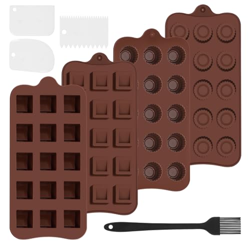 Silikon Schokoladenformen 4er Set,15 Mulden Backformen mit 3 Schablonen & Pinsel - Pralinenform Eiswürfelform für Kekse,Bonbons,Kuchen Deko - Antihaft Spülmaschinenfest von GOTDYBST