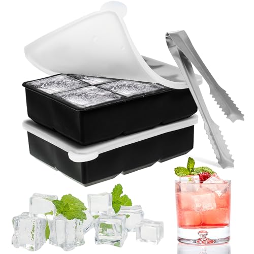 Eiswürfelform Silikon groß Eiswürfel Form mit Deckel 1 Eiszange, Eiswürfelbehälter 6-Fach 2er Pack Eiswürfelbereiter 5 cm Ice Cube Tray für Bier Cocktails Whisky(Schwarz) von GOTFUN