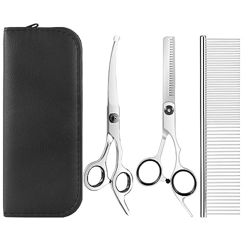 GOTFUN 4 Stück Hundepflege Schere gebogene Schere mit Sicherheit Runde Spitzen Professionelle Dünnschere Edelstahl Haustier Grooming Schere Set mit Dünnschere für Hunde Katzen Haustiere von GOTFUN
