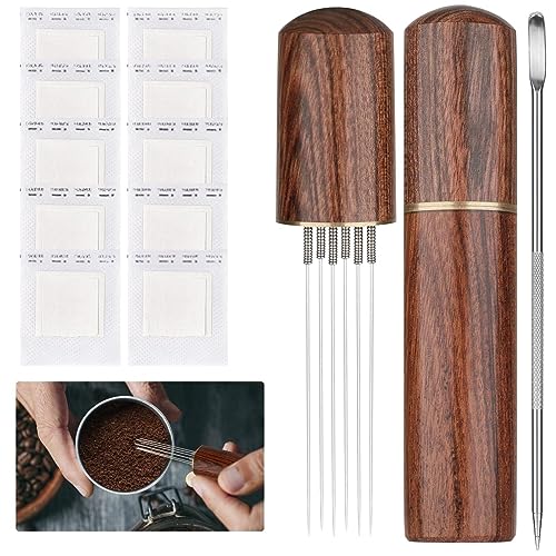 Wdt Tool Espresso Zubehör Barista Kaffee Siebträger Zubehör, Espresso Nadel, Coffee Distributor, Espresso Distributor, 6 Nadeln Kaffee Verteiler, mit Latte-Nadel und Laschen-Kaffeefilter(Hellbraun) von GOTFUN