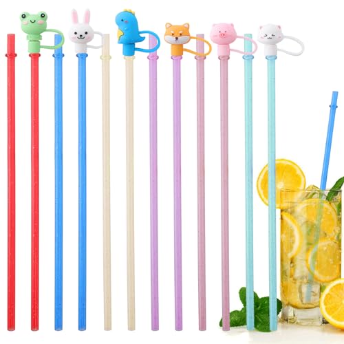 Strohhalme Plastik 12 Stück Bubble Tea Strohhalme Bunte Glitzer Strohhalme Wiederverwendbare Trinkhalme mit Cartoon-Strohstopper BPA Frei für Party Smoothie Säfte von GOTFUN