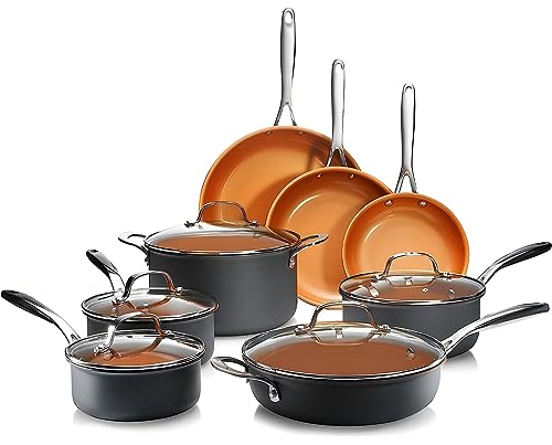 GOTHAM STEEL Pro Harteloxierte Töpfe und Pfannen, 13-teiliges Premium-Kochgeschirr-Set mit ultimativer Antihaftbeschichtung aus Keramik und Titanbeschichtung, ofen- und spülmaschinenfest, braun von GOTHAM STEEL