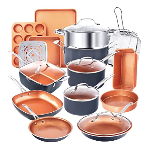 Gotham Steel 20-teiliges Töpfe- und Pfannen-Set Komplettes Küchenkochgeschirr-Set +Backgeschirr-Set | Antihaft-Keramik-Kupferbeschichtung - Bratpfannen, Pfannen von GOTHAM STEEL